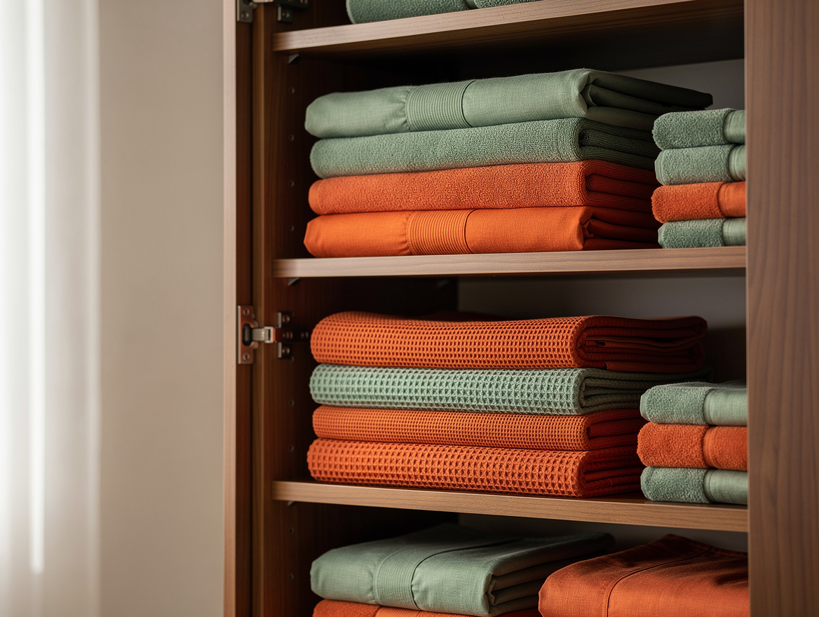 Realistic editorial detail photo of neatly folded sheets and towels inside a sha