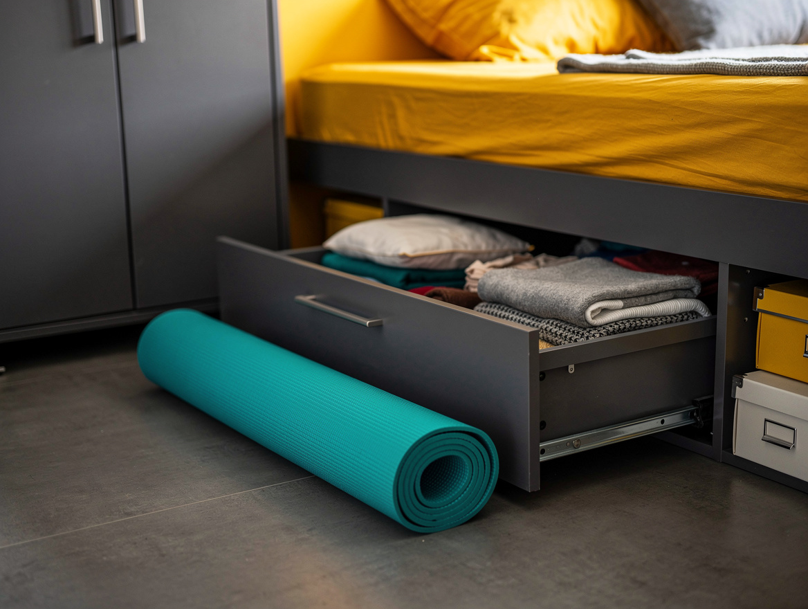 Realistic editorial detail photo of a rolled yoga mat beside a shallow wardrobe