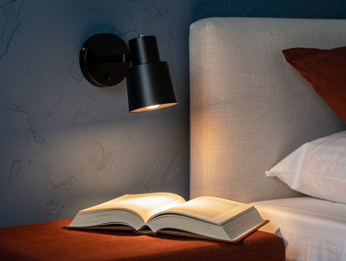 Close detail photograph of a matte black adjustable reading sconce on a pale pla