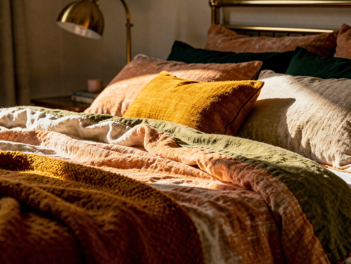 Close-up editorial photo of washed linen bedding in warm ivory, faded peach, and