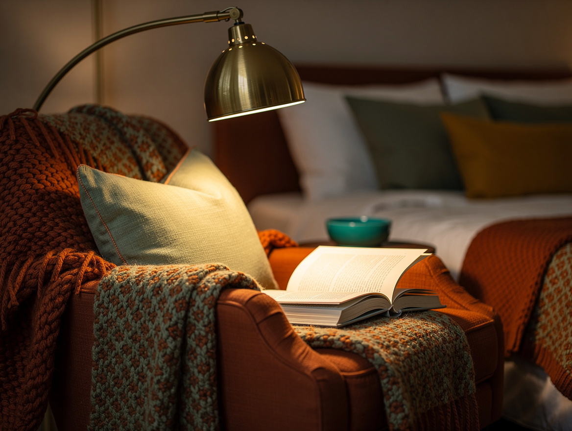 Close detail of a warm brass reading lamp positioned above and behind a chair sh