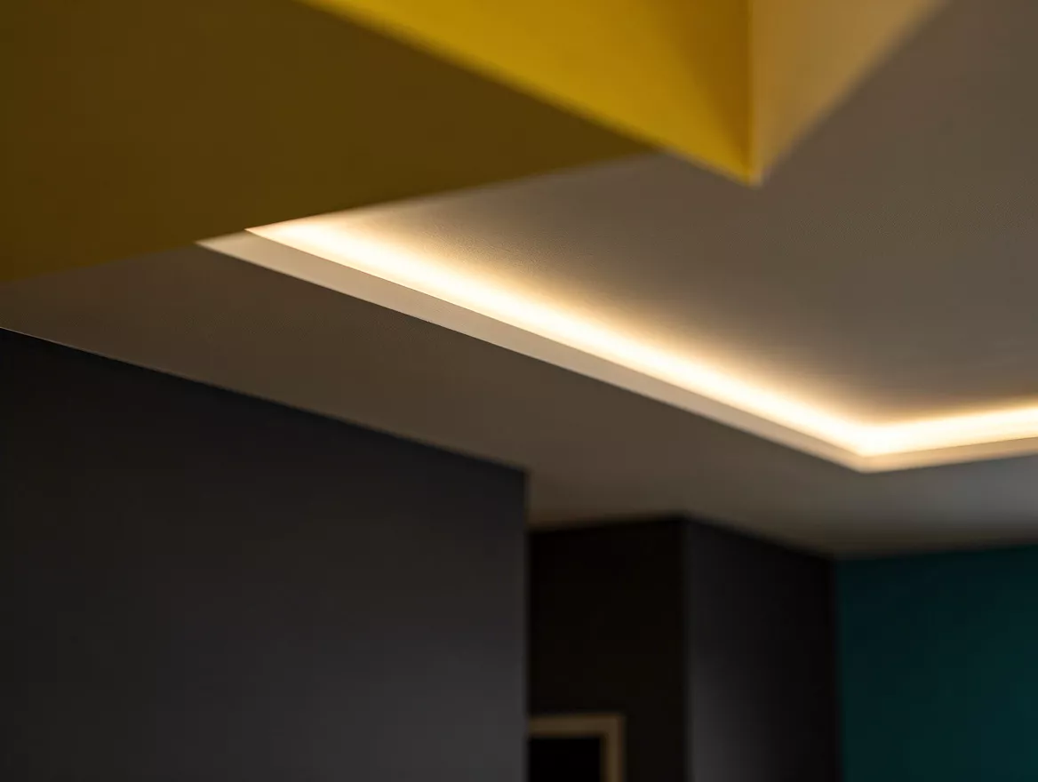 Close detail photo of a crisp drywall shadow-gap edge and concealed warm-white L