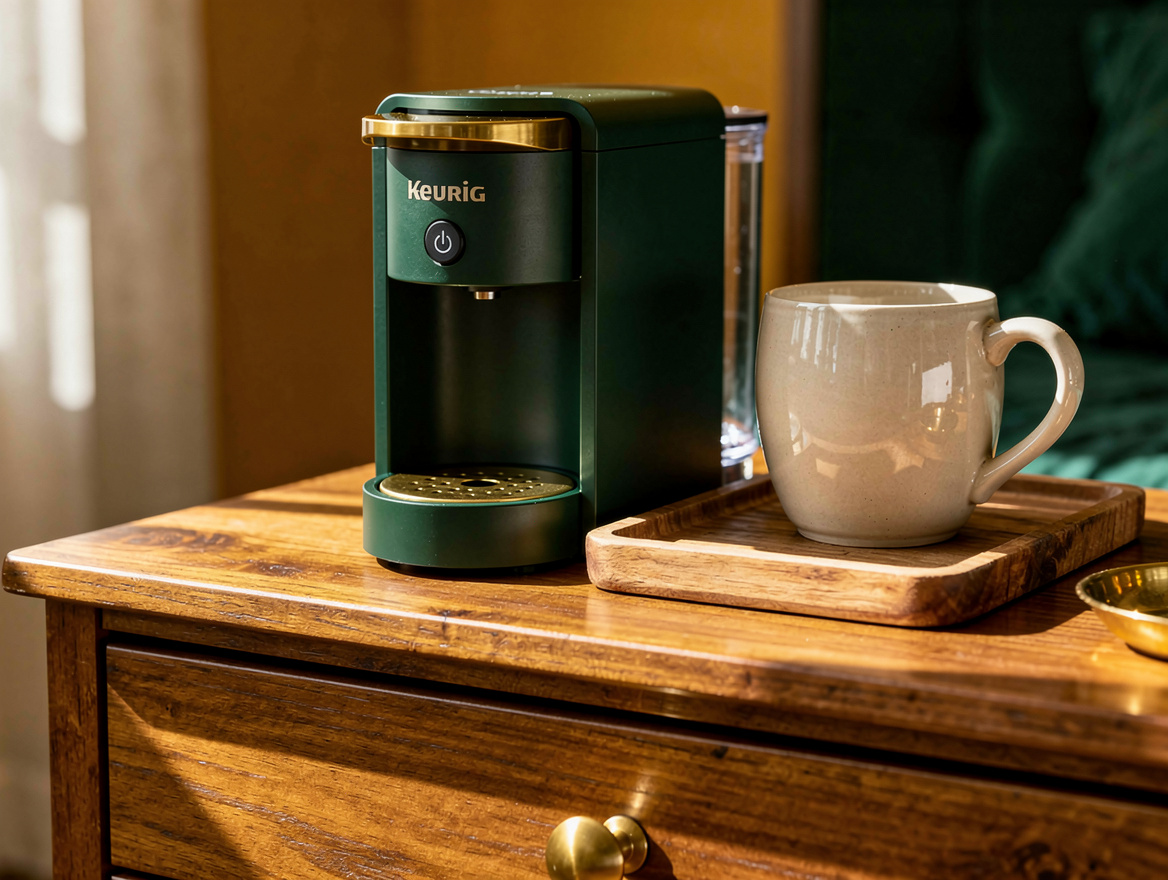 Close detail photo of a compact Keurig K-Mini on a 14-inch-deep warm oak bedroom