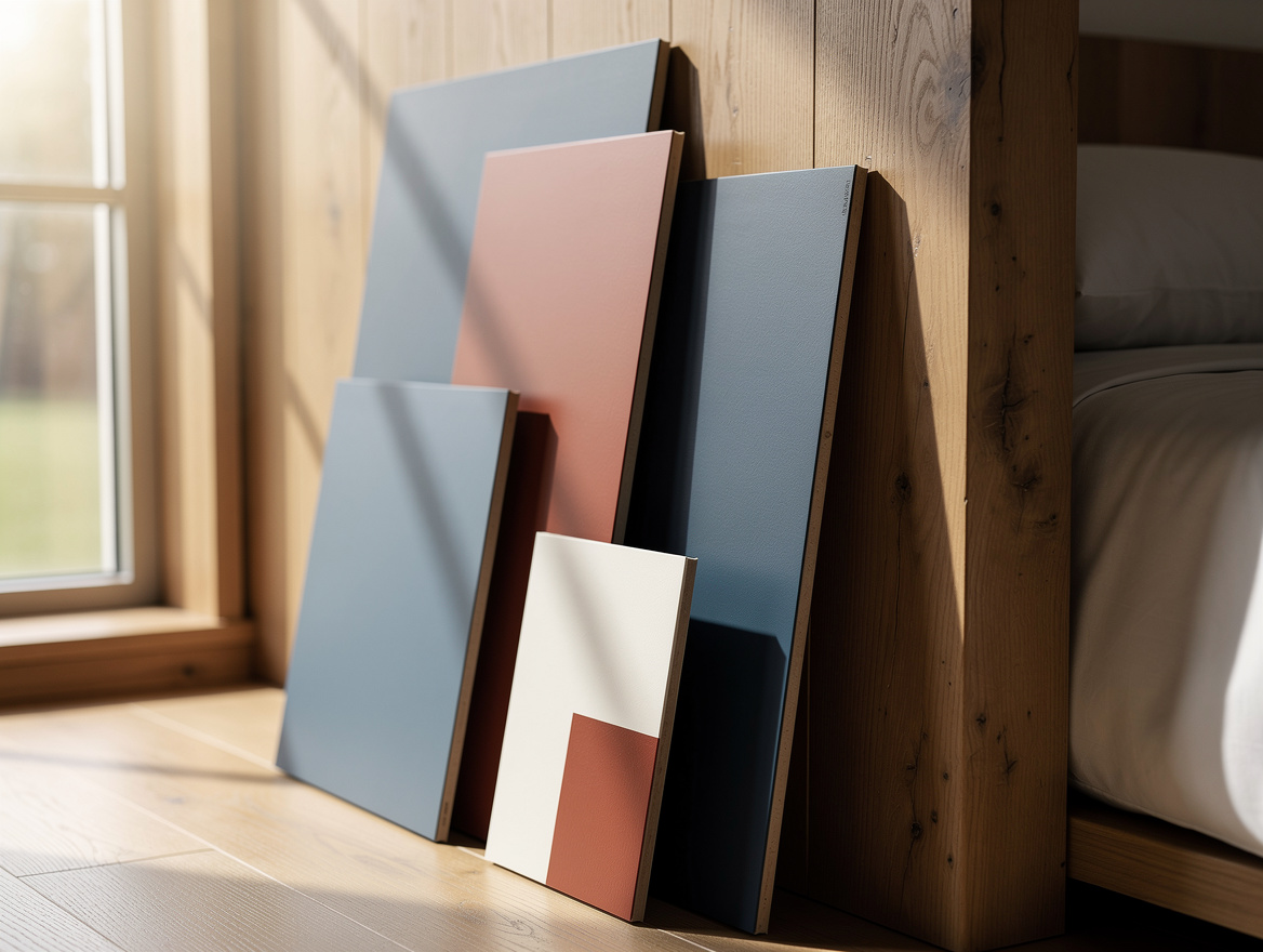 Close detail of painted sample boards leaning against an oak bedroom wall near a