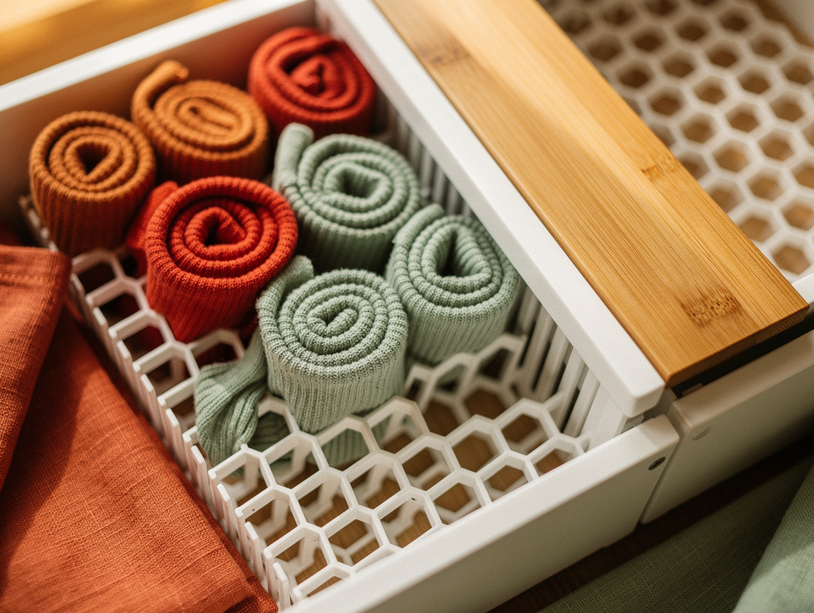 Close detail photograph of rolled cotton socks arranged in a white polypropylene