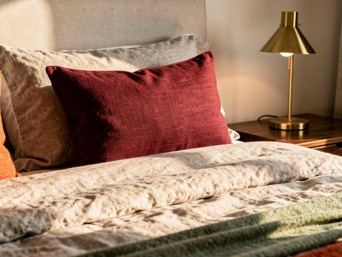 Close detail photograph of an oxblood linen lumbar pillow on layered oatmeal bed