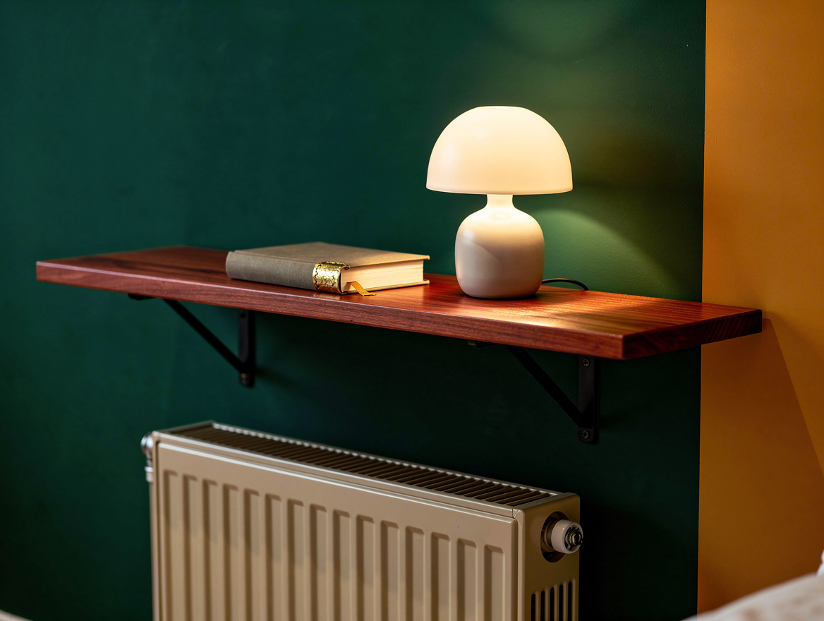 Close detail photo of a slim red oak wall-mounted bedside shelf on black metal b