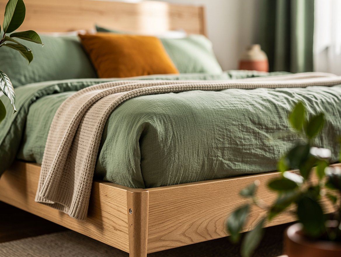 close-up detail photo of sage green washed linen bedding layered with an oatmeal