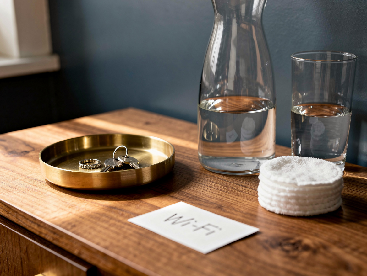 close-up detail photo of a guest vanity surface, shallow brass tray holding a ri
