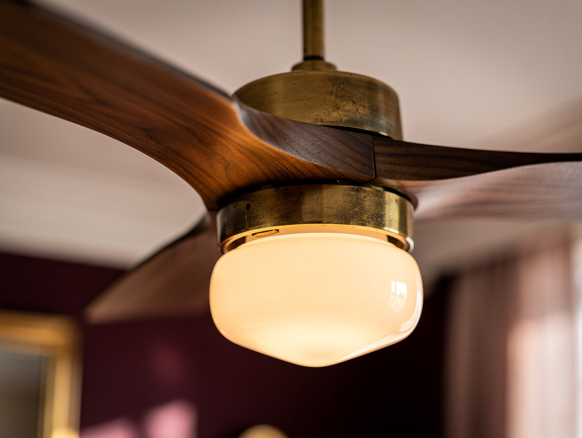 close-up detail photo of a walnut wood ceiling fan blade meeting an aged brass m