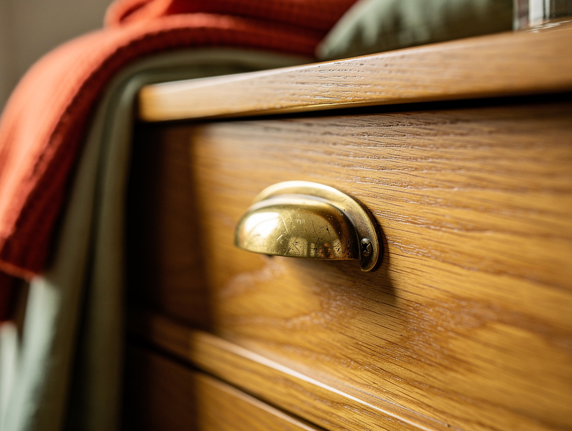 close-up detail photo of an unlacquered aged brass drawer pull on a warm oak dre