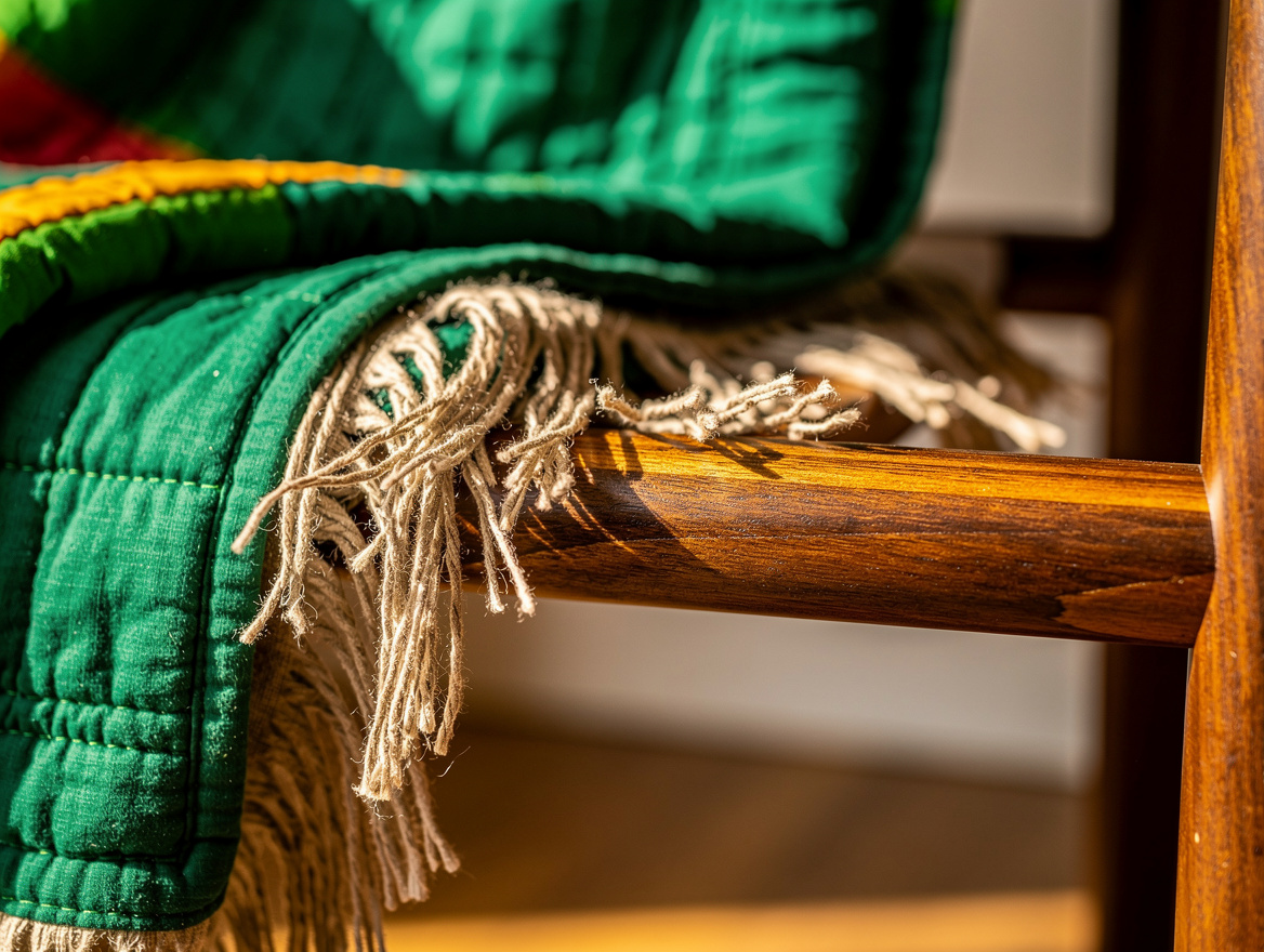 Close detail photograph of linen fringe and a folded handmade quilt resting on a