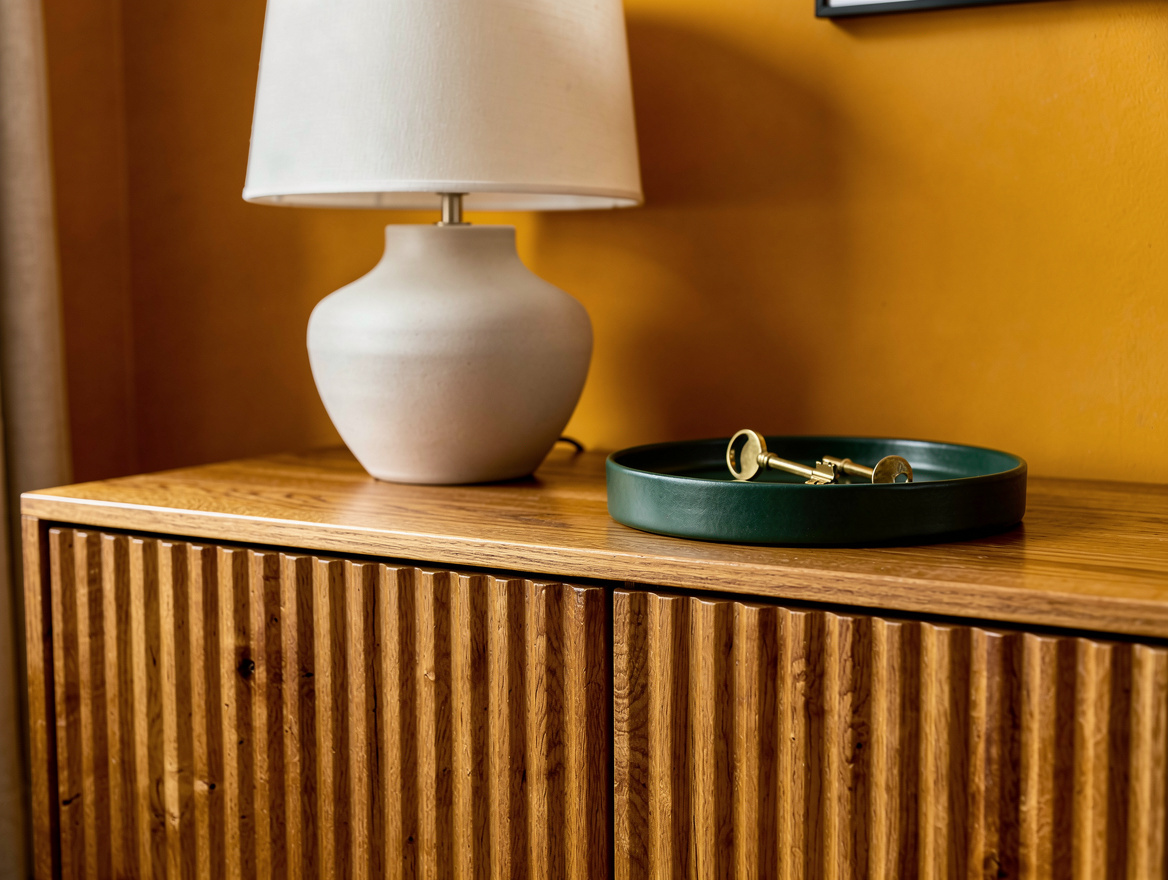 Editorial detail photo of a shallow fluted oak dresser top with a ceramic lamp a