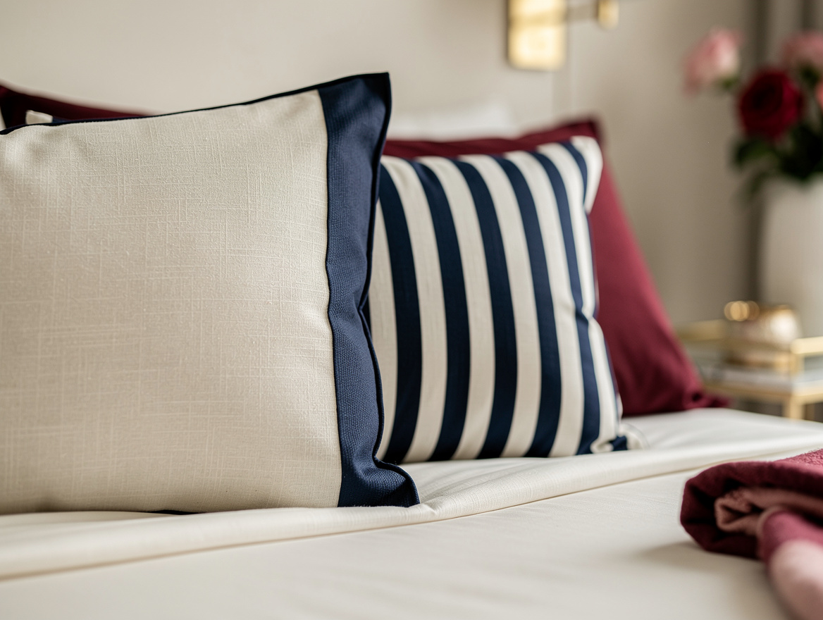 Close detail photo of navy contrast piping on an ivory linen Euro sham beside a