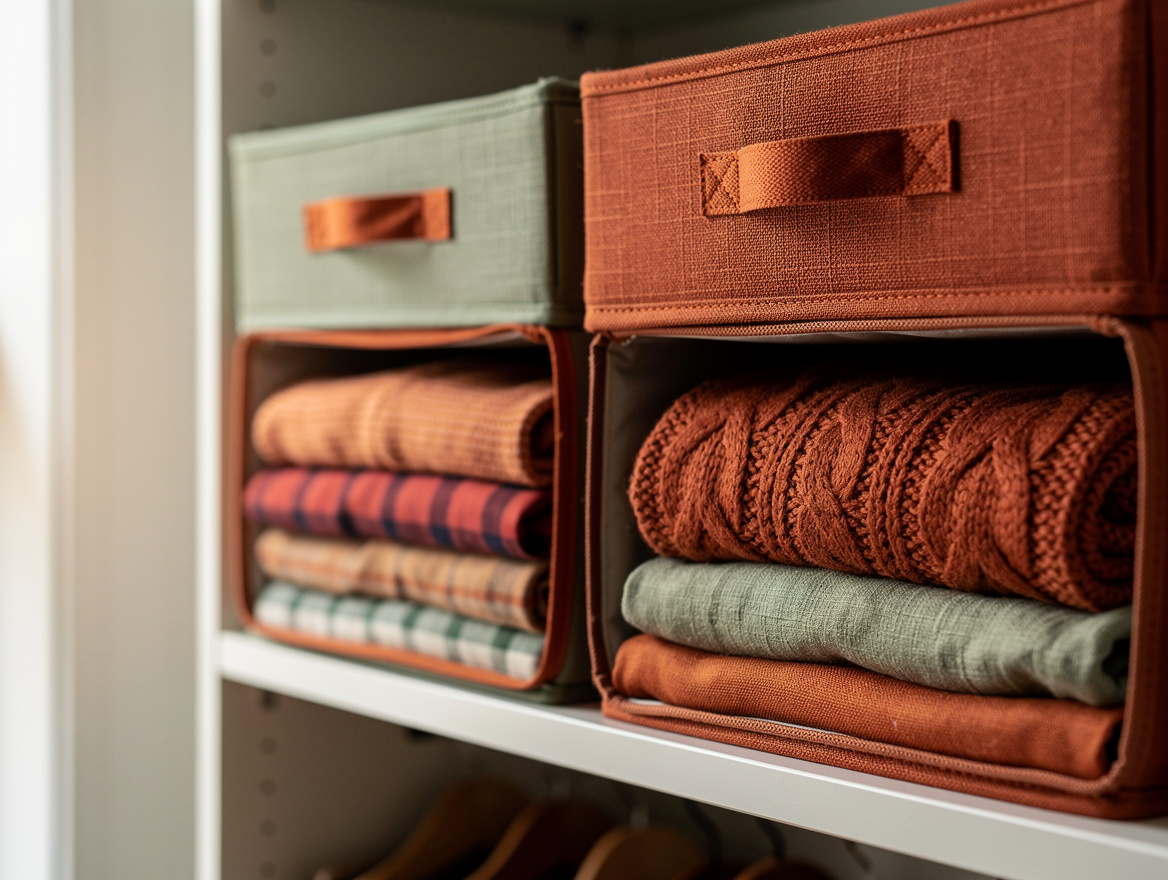Close detail of labeled fabric storage cases on a closet top shelf with folded s