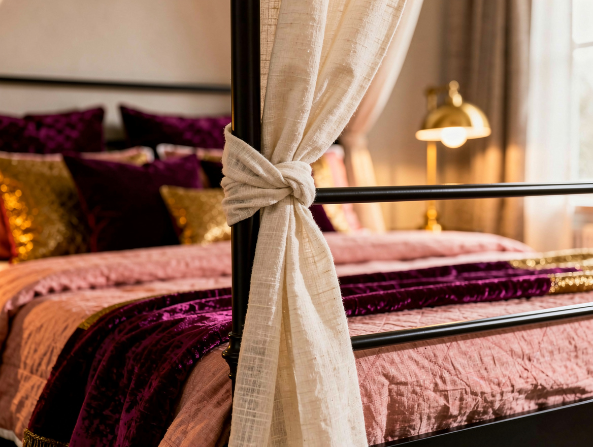 Close detail photo of ivory linen panels tied loosely to a slim black canopy bed