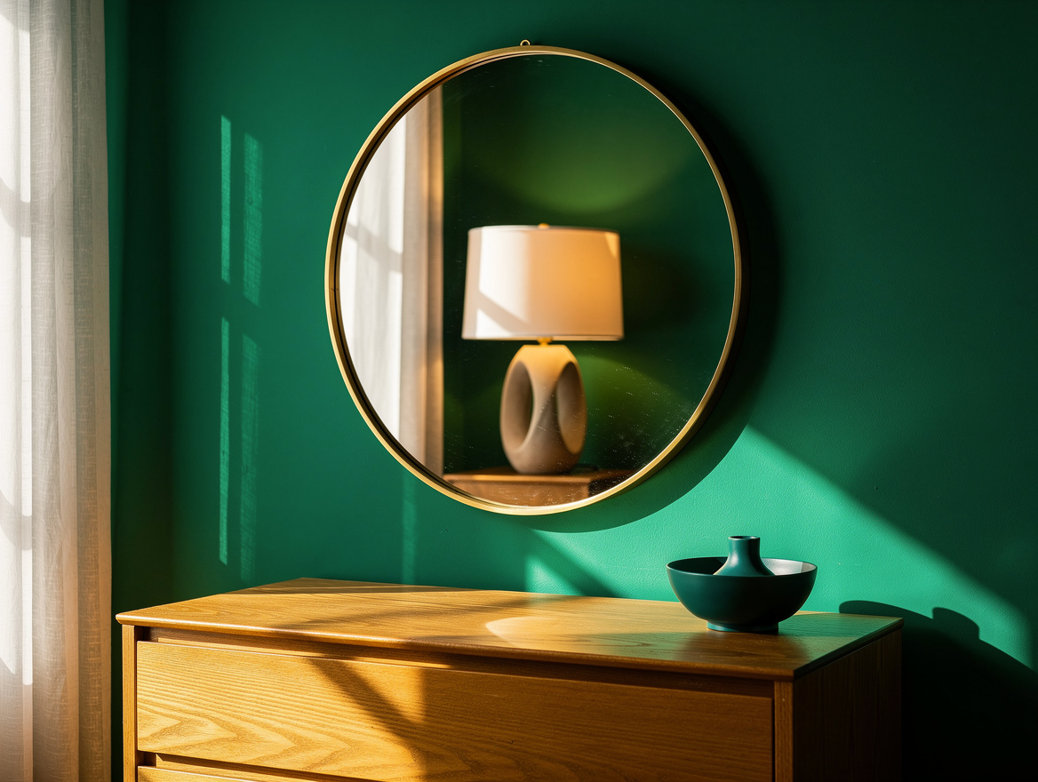 Editorial detail photo of a slim brass-framed round mirror hung above a warm oak