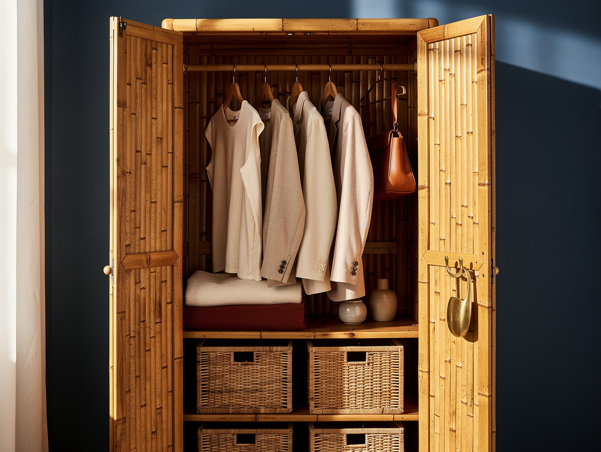 Editorial close-up of a bamboo open wardrobe with neatly hung neutral clothing,