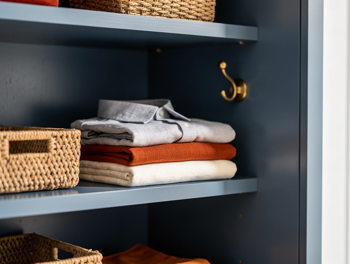 Editorial close-up photo of shallow wall-mounted closet shelves with folded line
