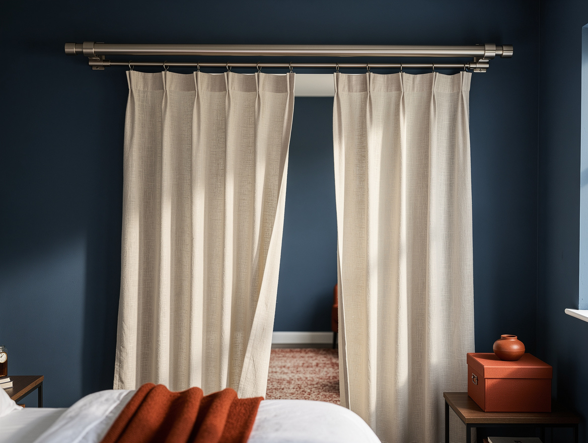 Detailed realistic photo of a ceiling-mounted linen curtain track covering a sma