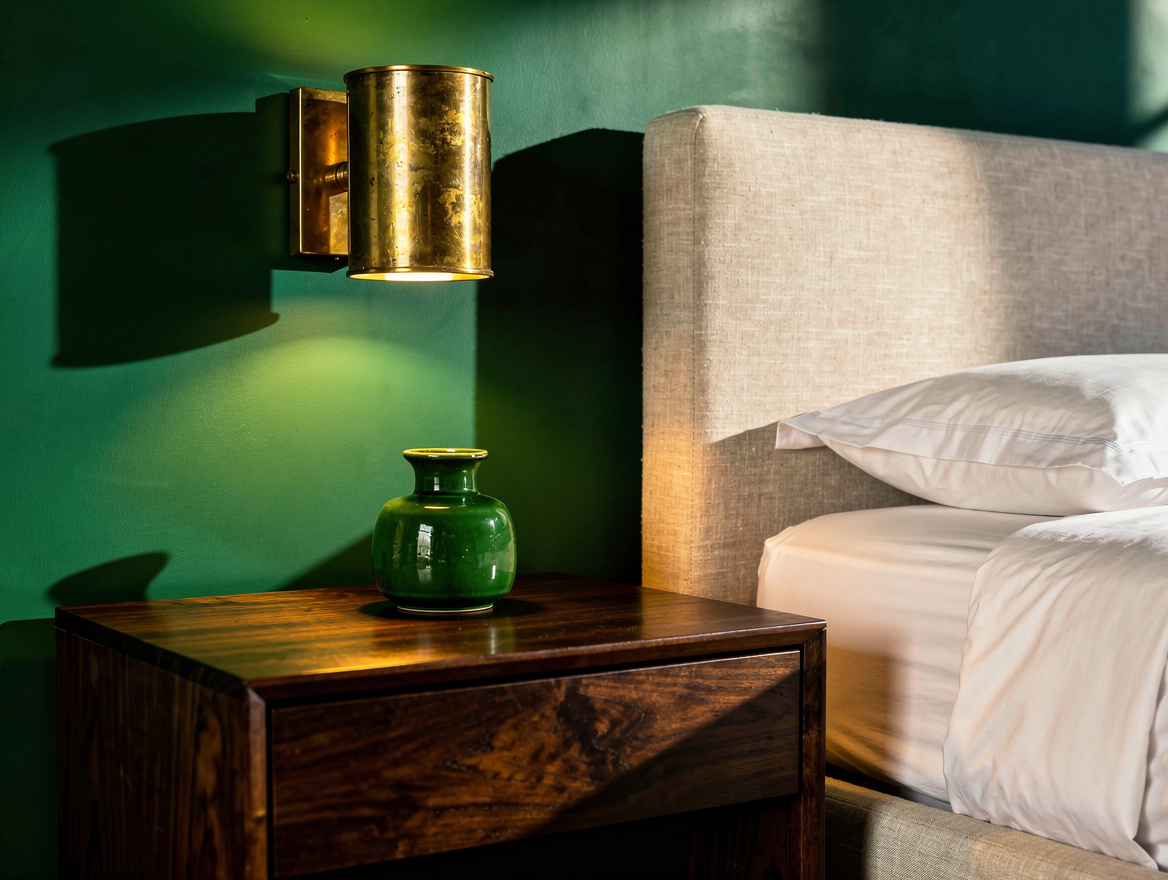 Close detail photograph of aged brass cylinder sconce above a dark walnut nights