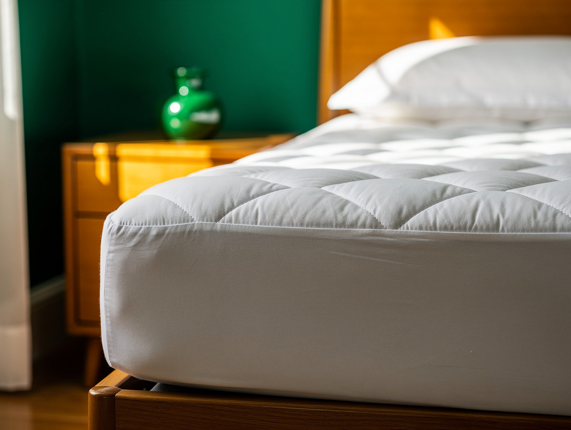 Close detail photo of crisp white extra-deep fitted sheet and quilted mattress t