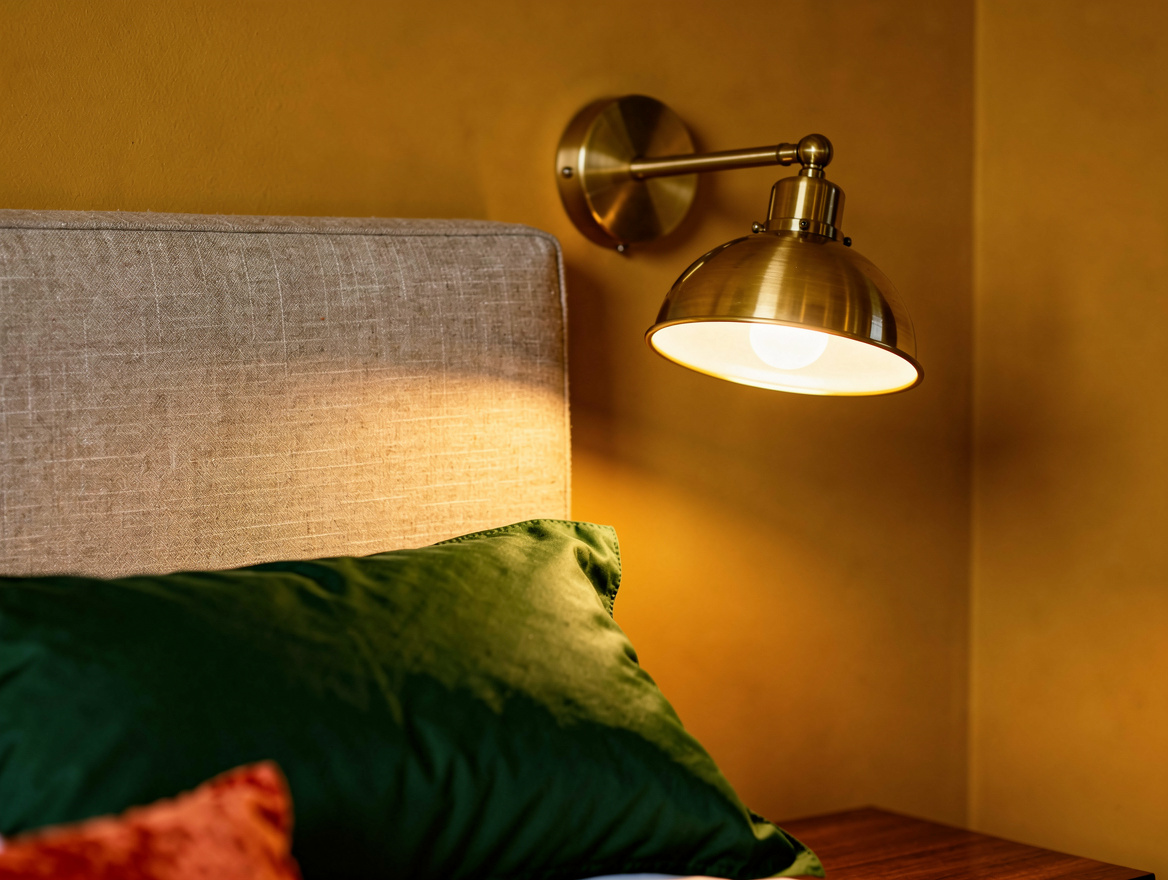 Close detail of a warm brass swivel reading sconce beside a linen upholstered he