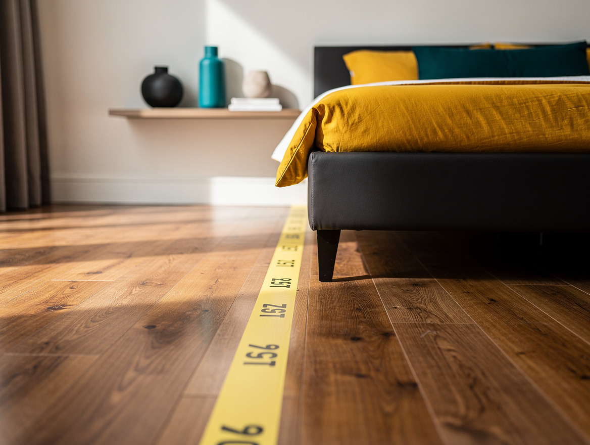 Close detail photo of painter's tape marking a 76 cm walkway beside a neatly mad