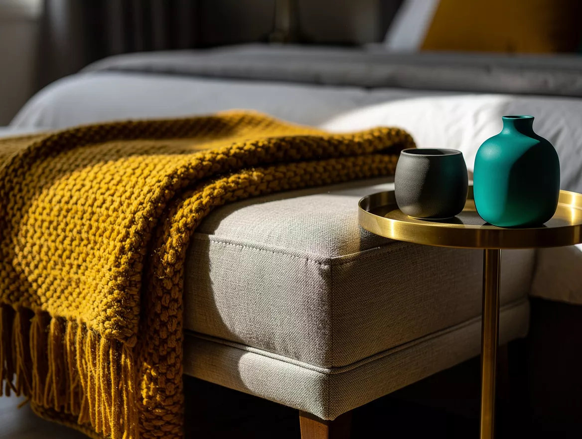 Close detail photograph of a tailored oatmeal performance-fabric bedroom bench w