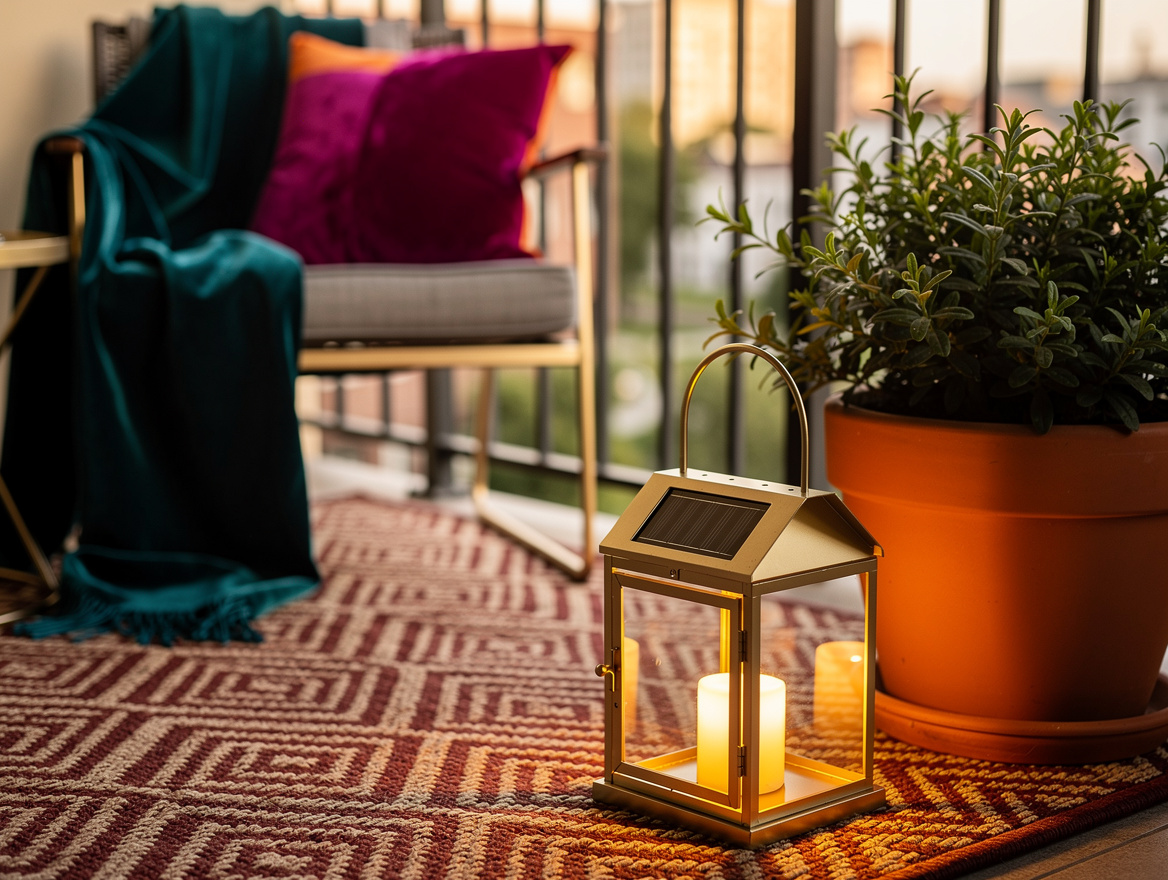 Close detail photograph of a warm solar lantern beside a terracotta planter and