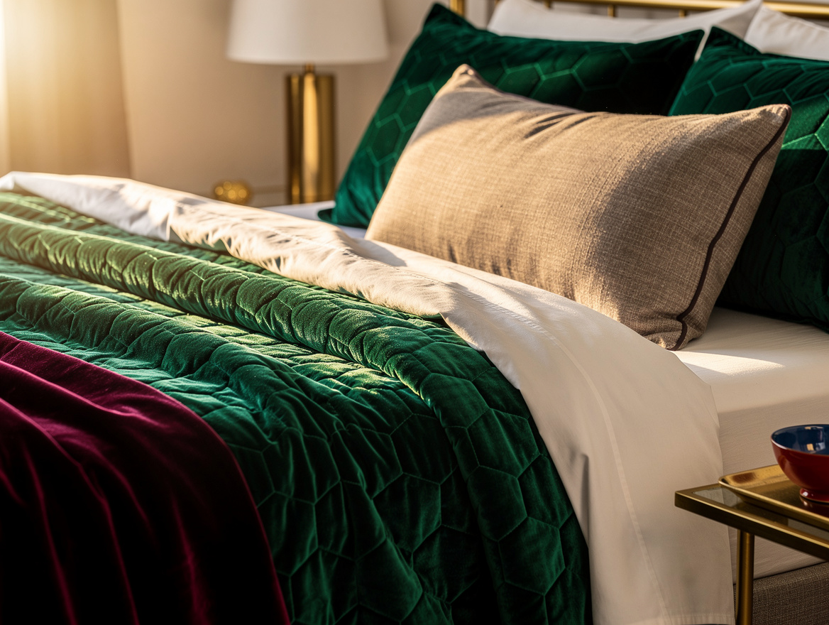 Close detail photo of emerald honeycomb velvet quilt layered over ivory percale