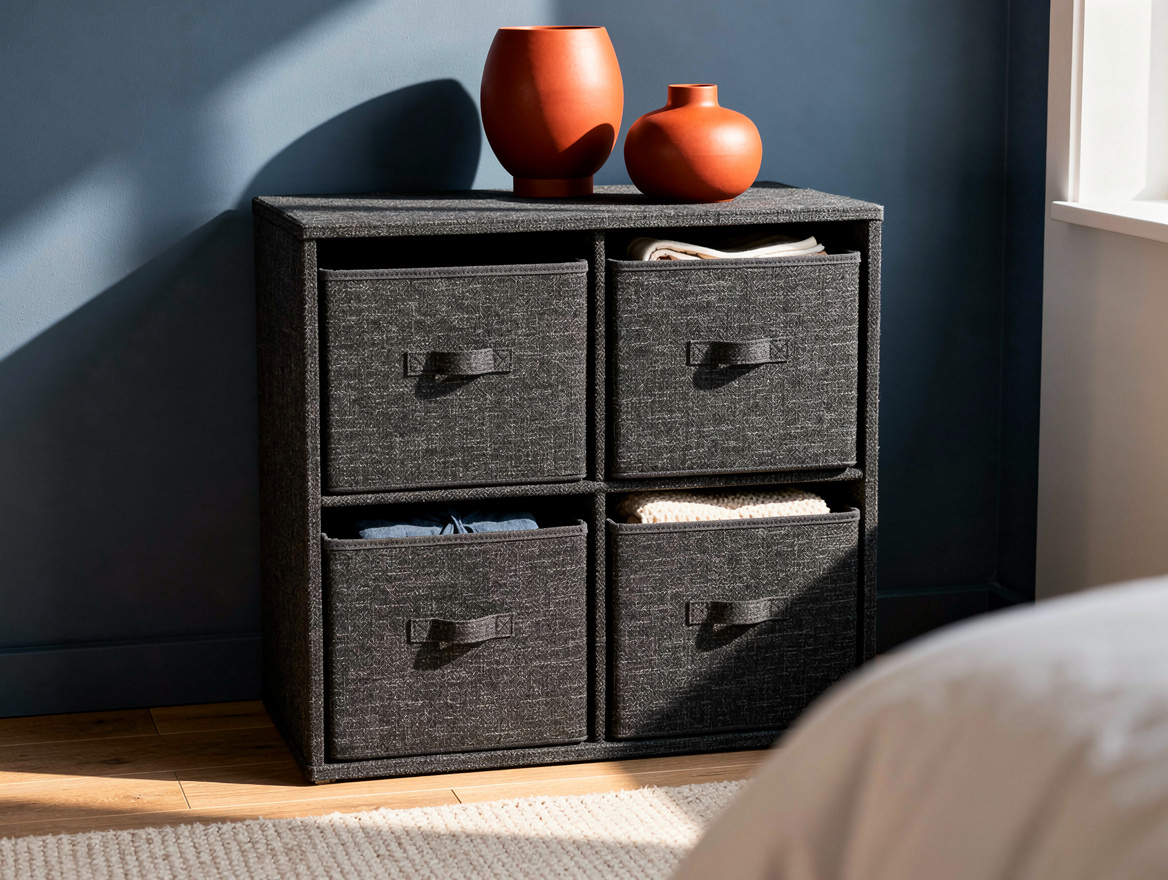 Editorial close detail of matching charcoal fabric cube drawers with subtle pull