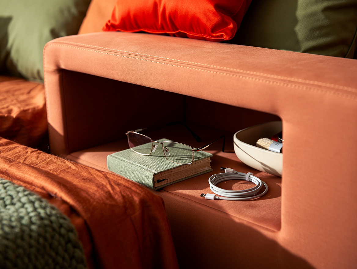 Close detail photo of a shallow storage headboard compartment with glasses, a jo