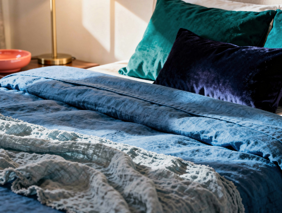 Editorial close-up of washed blue linen duvet layered with crinkled cotton gauze