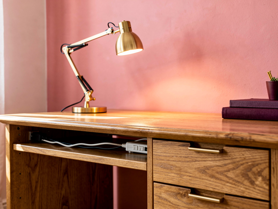 Editorial detail photograph of a shallow oak veneer desk with cable raceway, adj