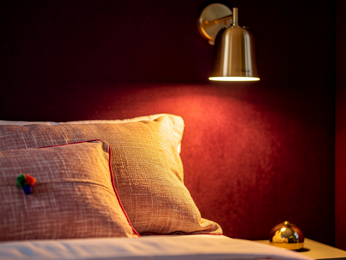 Close detail photo of a warm dimmable bedside wall lamp beside linen pillows in