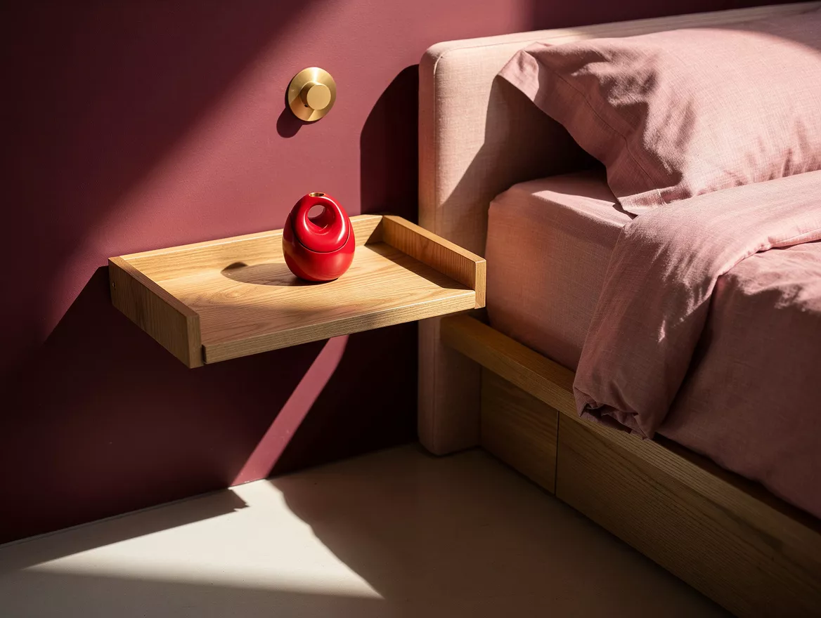 Close detail photo of a shallow oak wall-mounted bedside shelf beside a linen be