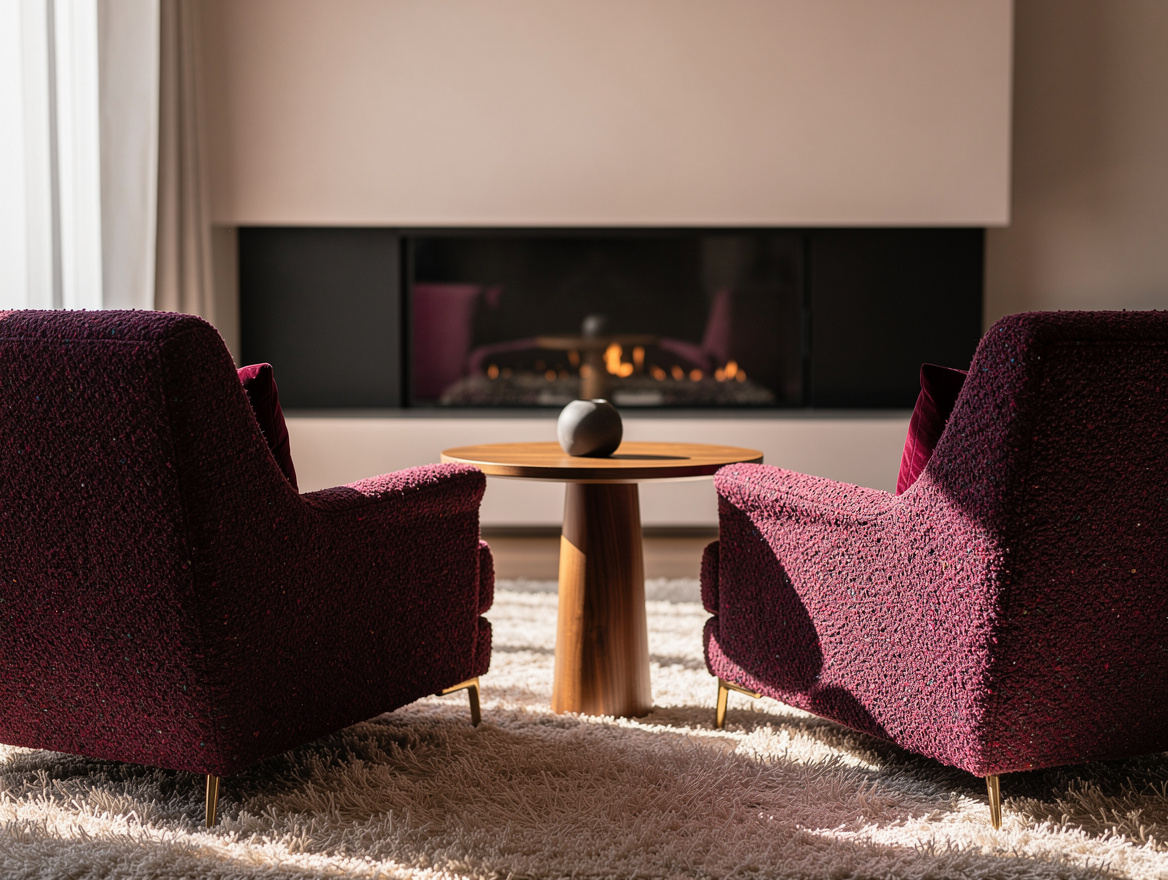 Close detail photo of two textured boucle lounge chairs facing a modern bedroom