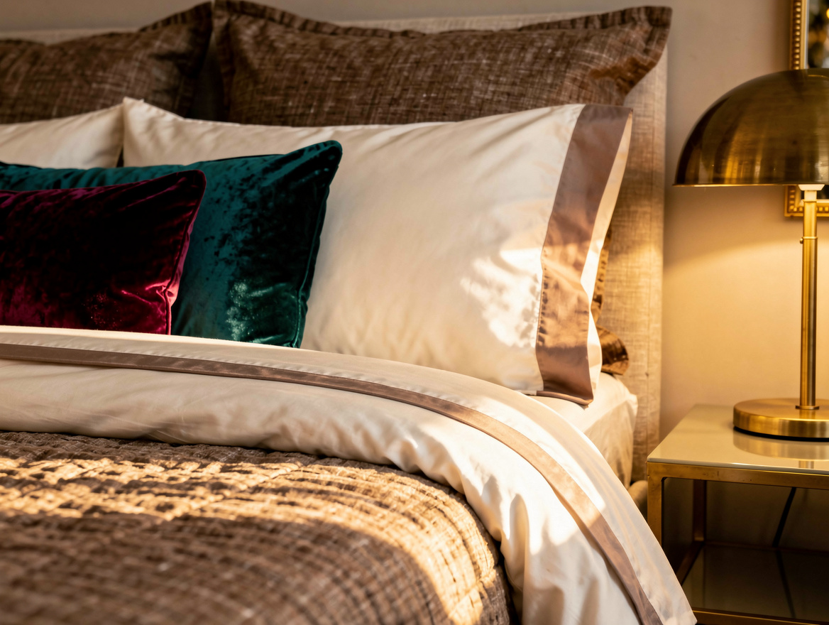 Close detail editorial photo of ivory percale bedding with narrow taupe flange,
