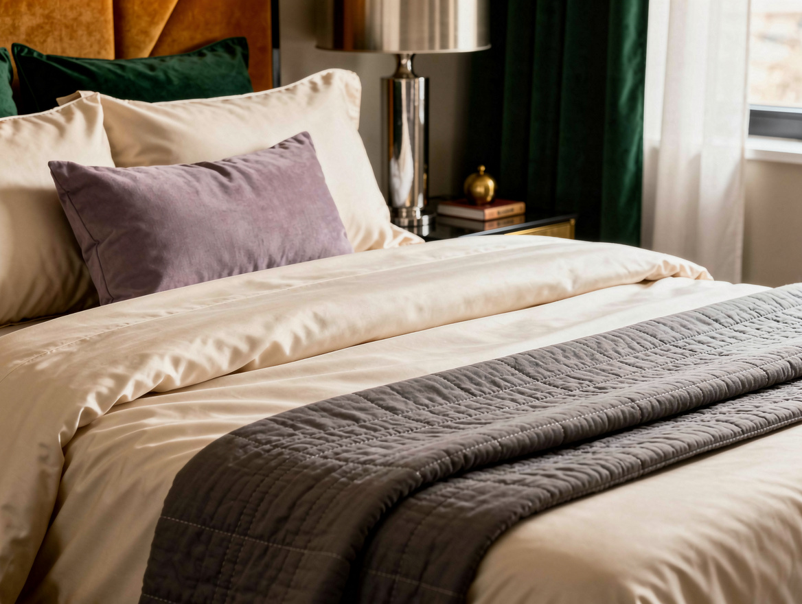 Close detail photo of ivory percale bedding, smoke-gray quilt, muted lavender lu