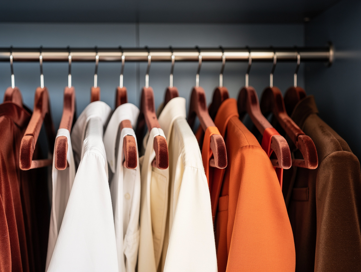 Close detail photo of slim velvet hangers on double closet rods with neatly spac