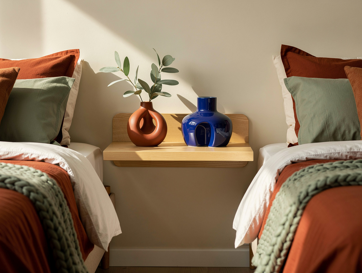 Close-up detail photo of a shared bedroom's narrow wall shelf between two twin b