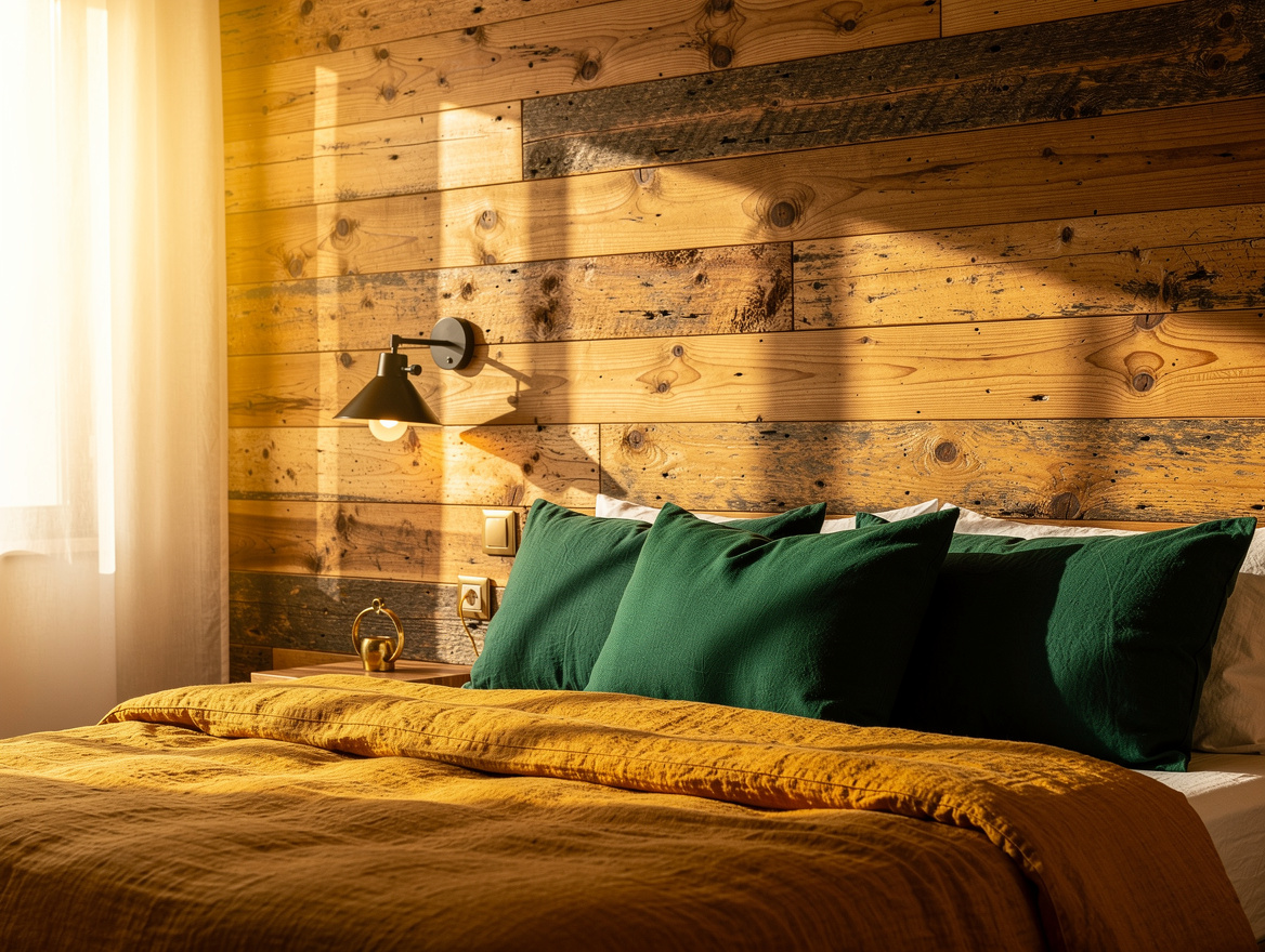 Close detail of reclaimed-look pine planks behind a bed, visible varied grain an