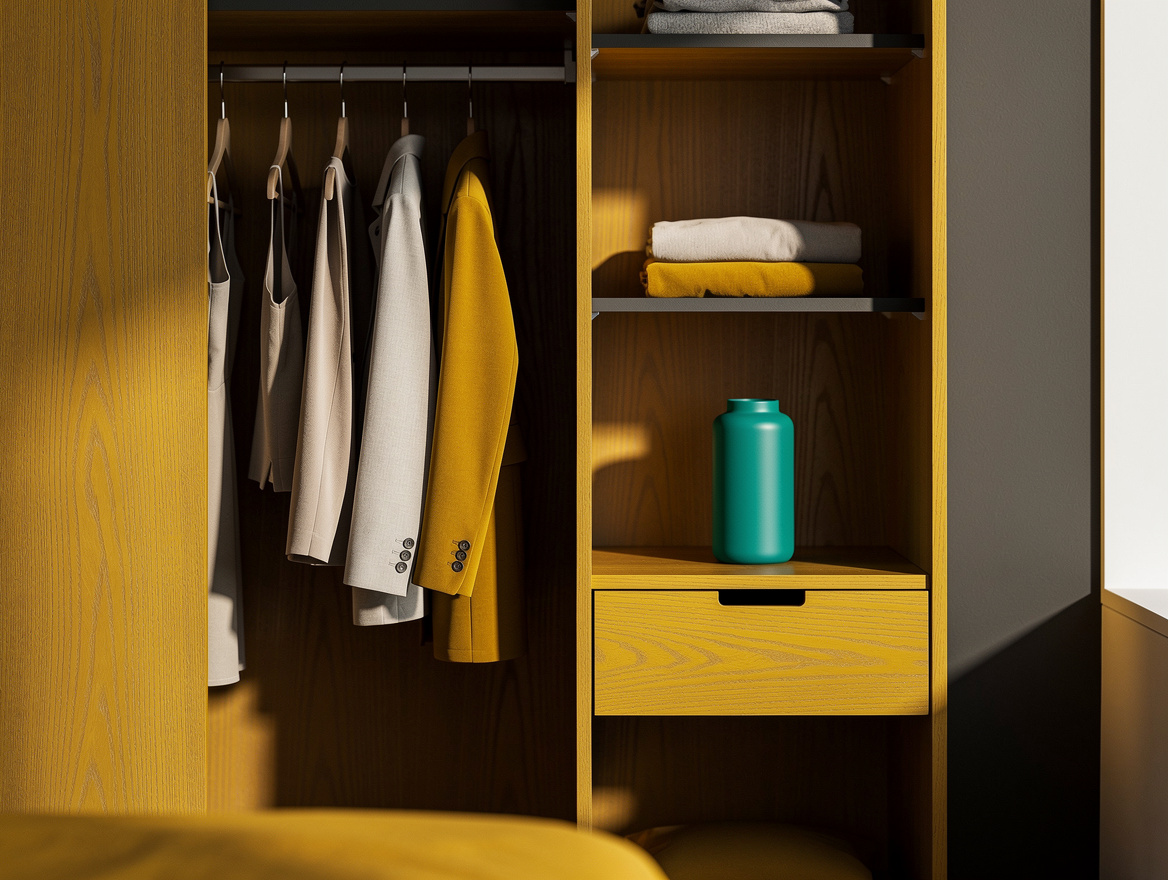 Close-up realistic editorial photo of a closet-free guest bedroom wardrobe inter