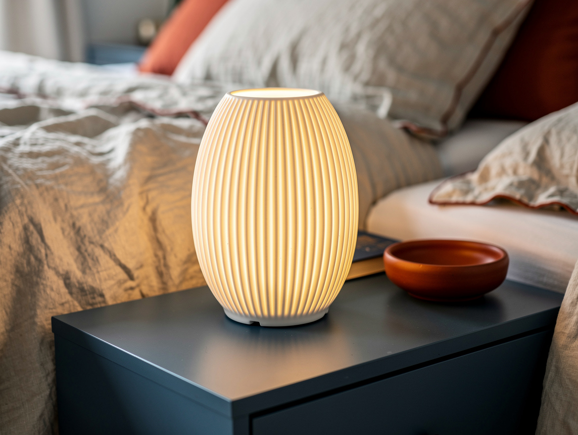 Close-up editorial photo of a ribbed cream ceramic bedside lamp glowing softly o