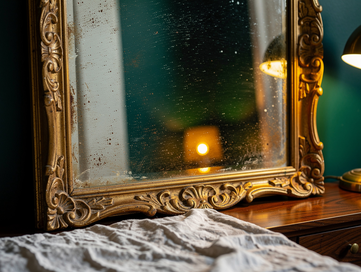 Realistic close-up editorial photo of the carved aged-gold frame and subtly foxe