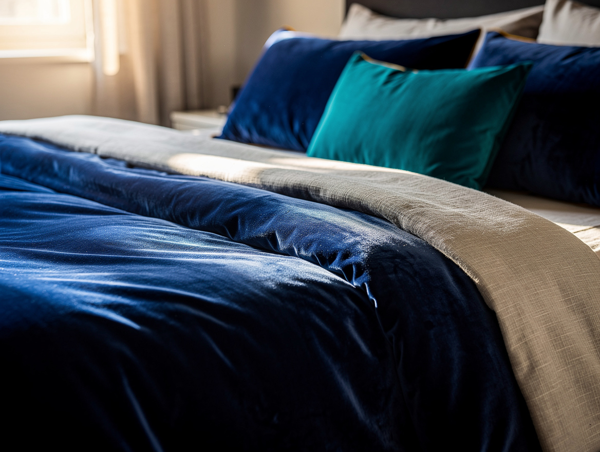 Detail photo of cobalt velvet bedding against oatmeal linen, showing rich textil