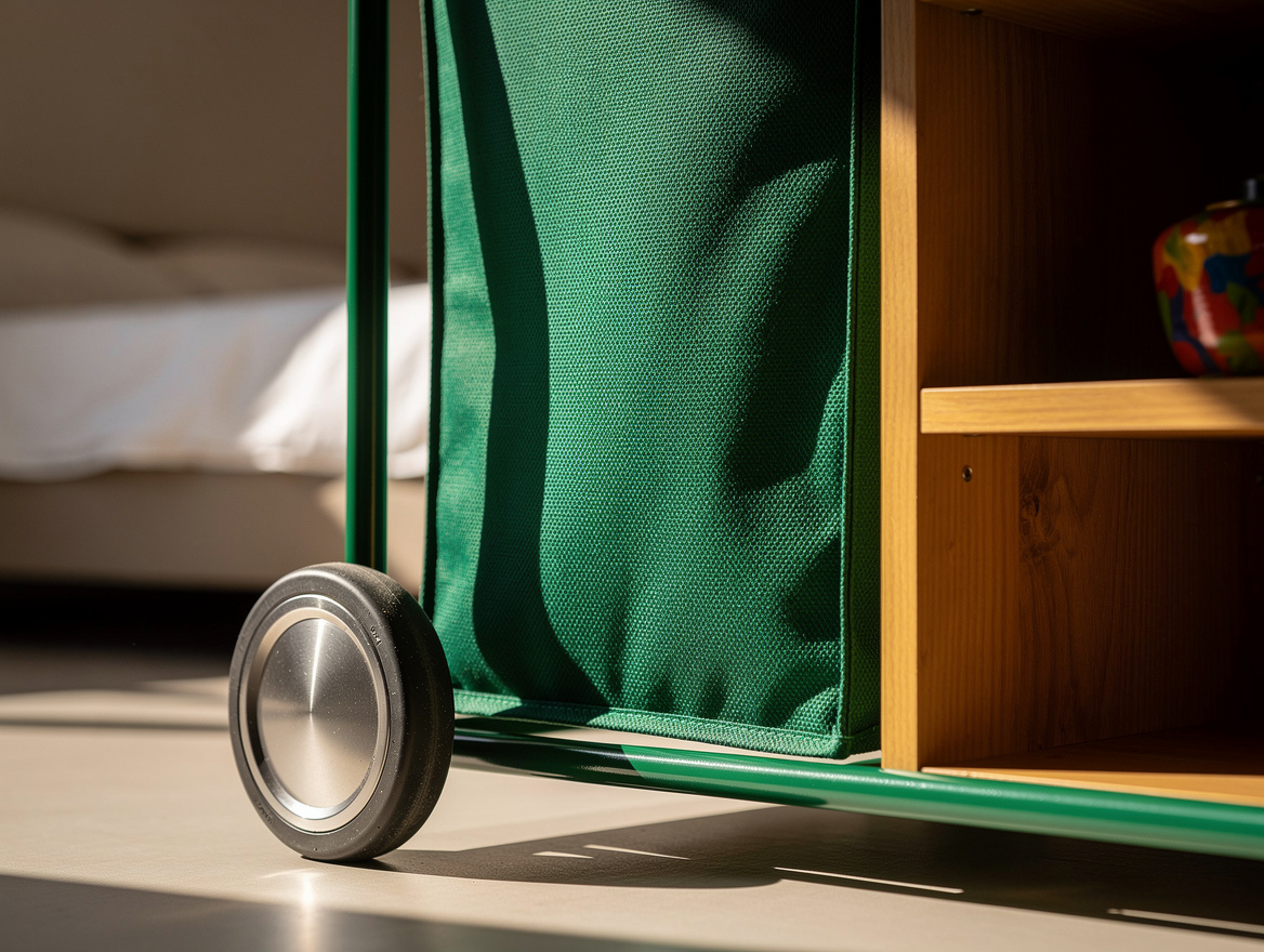 Close-up detail photo of a rolling laundry hamper's powder-coated steel wheel, O