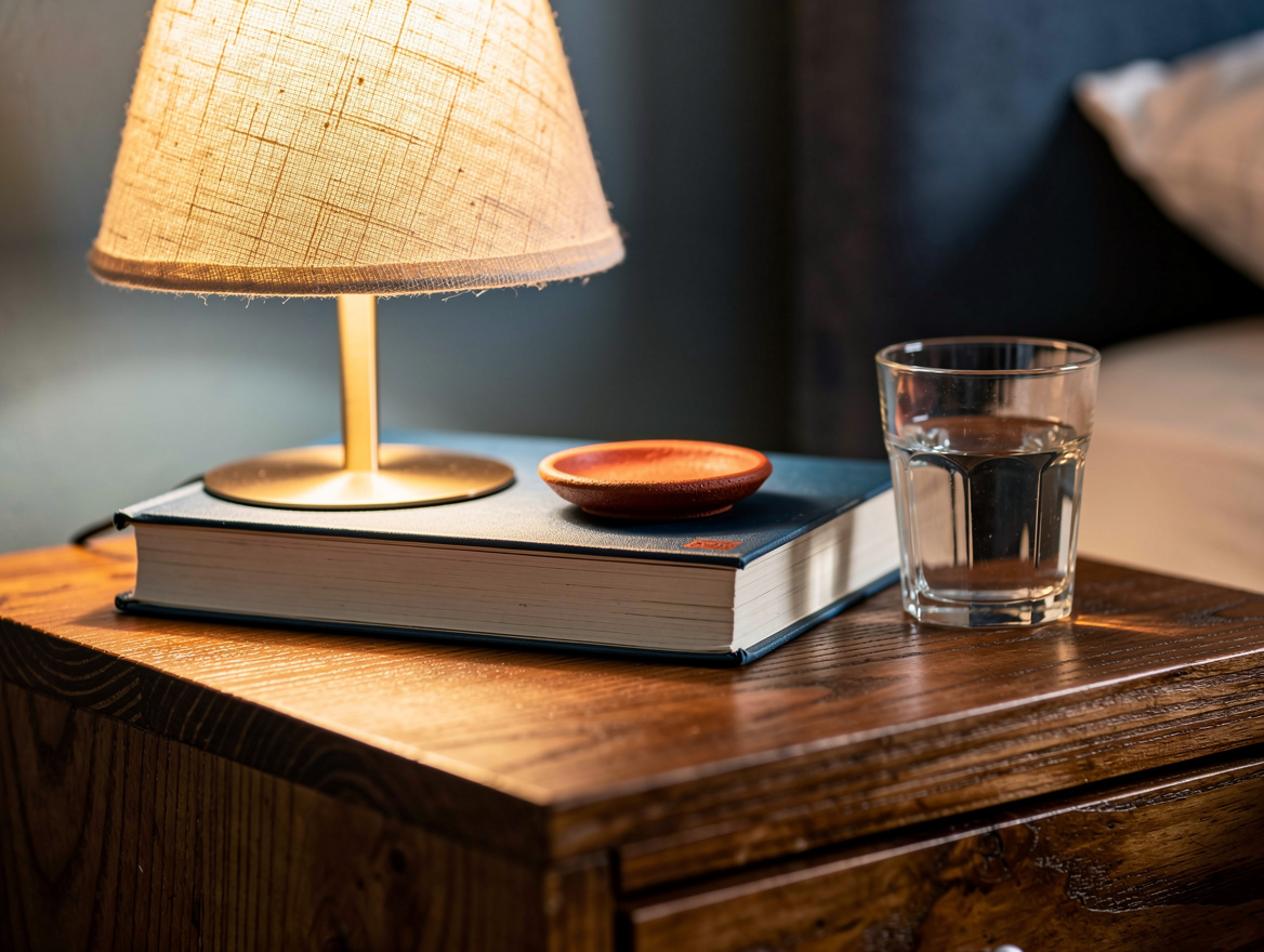 Close detail photo of a warm dimmable bedside lamp with linen shade, book and wa