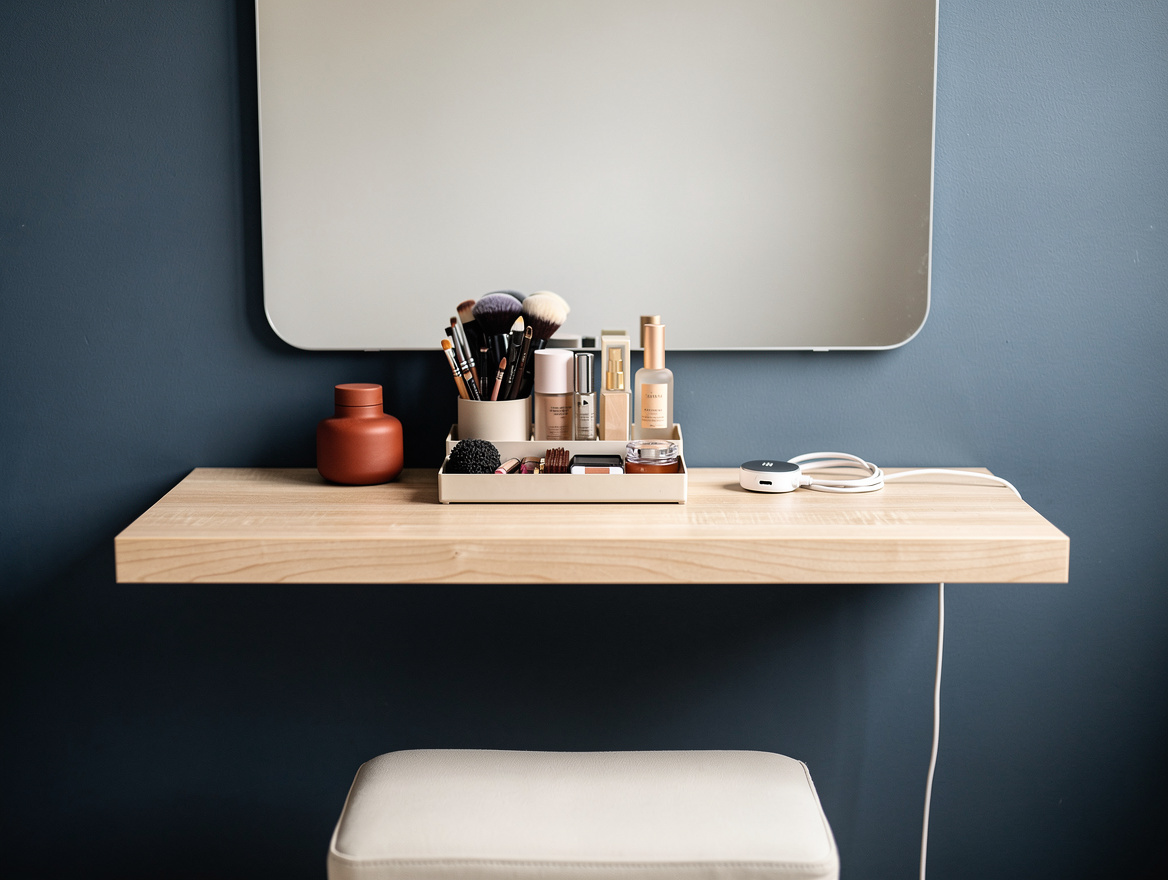 Close-up editorial detail of a shallow wall-mounted vanity shelf with a mirror,